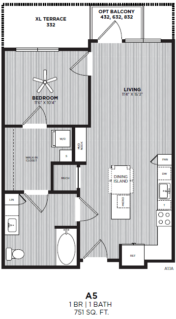 Floor plan for 1 bed, 1 bath, 751 sqft